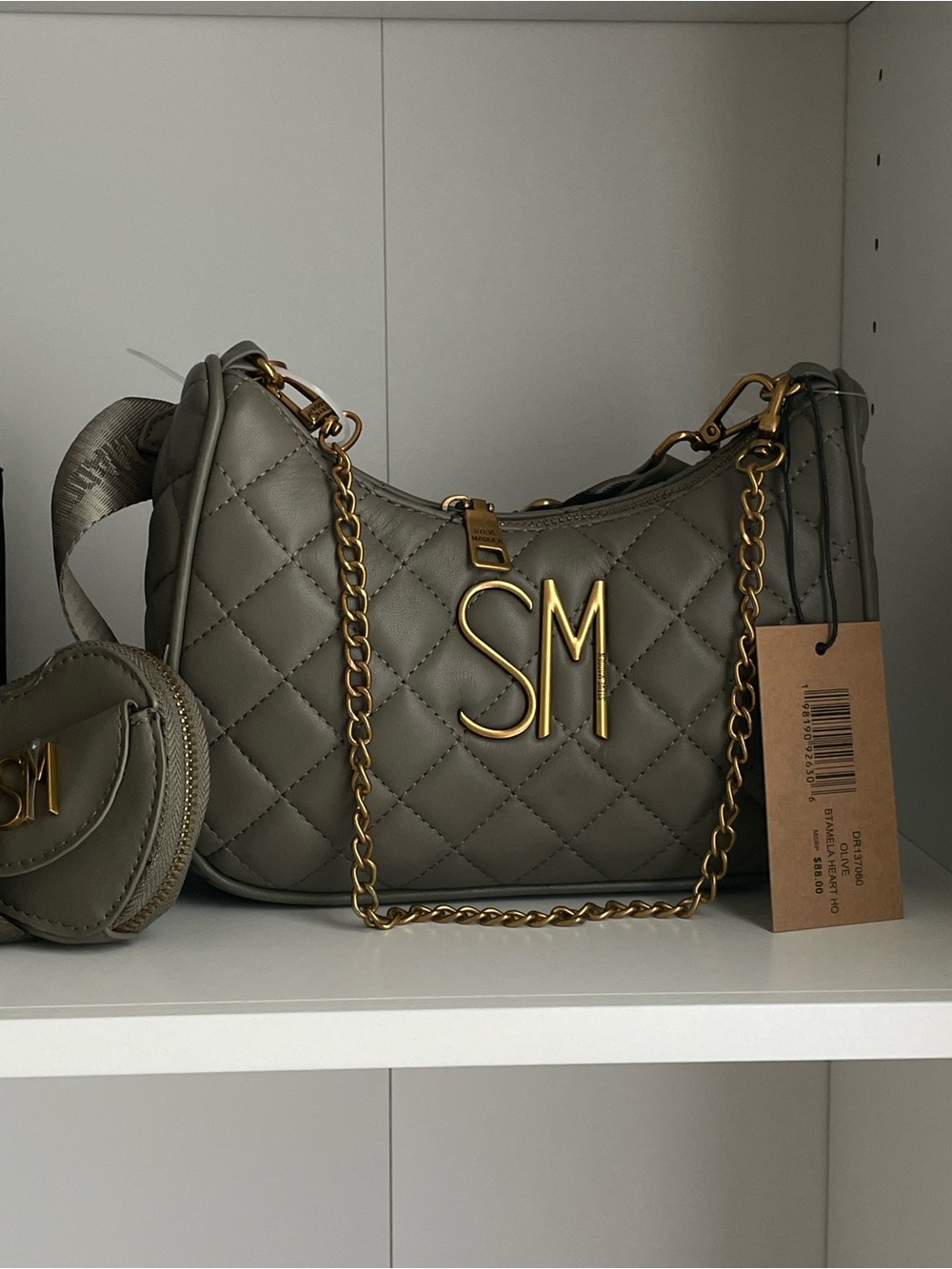 Steve Madden Quilted Shoulder Bag with Gold Chain in Olive Green